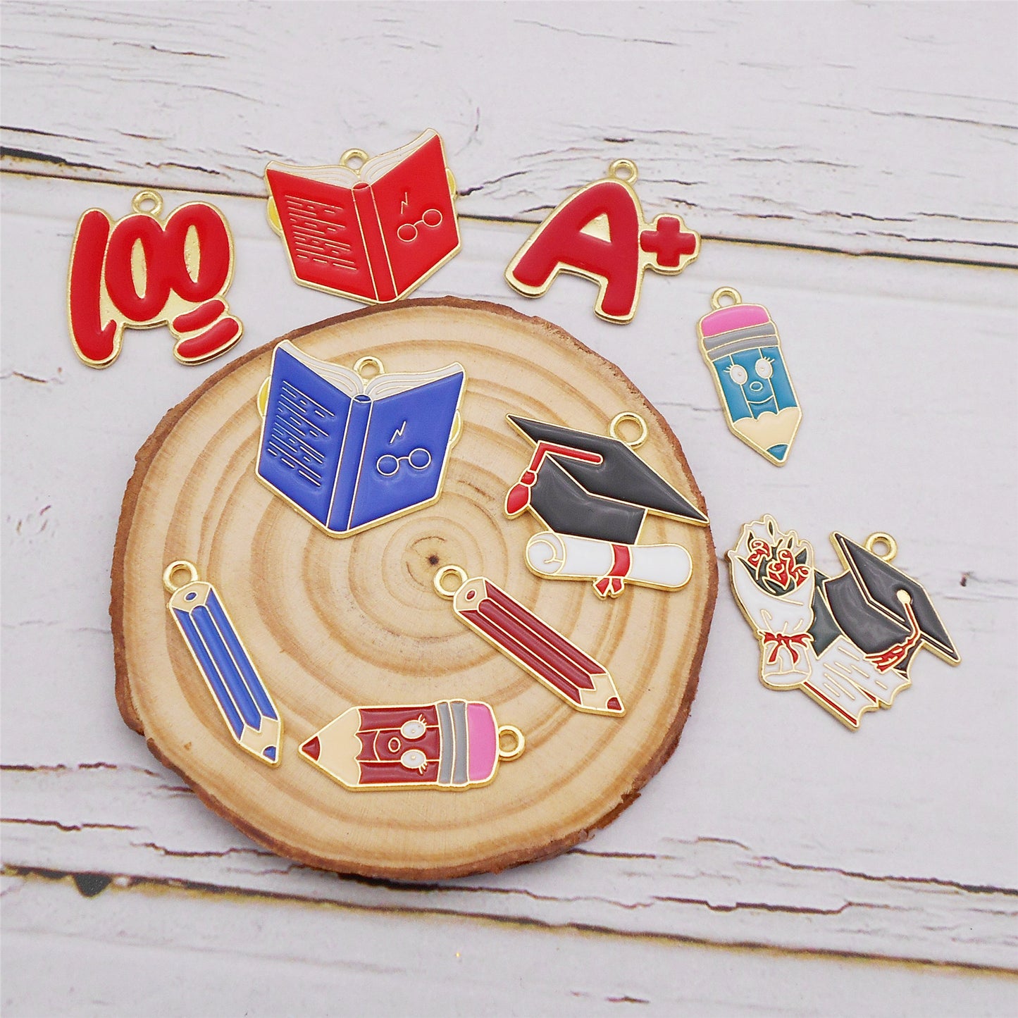 6Pcs Enamel Study Series Charm Alloy Pencil Book Doctoral Cap Design Pendant Graduation Gifts Jewelry Necklace Bracelet Making Accessory DIY Crafts Decor