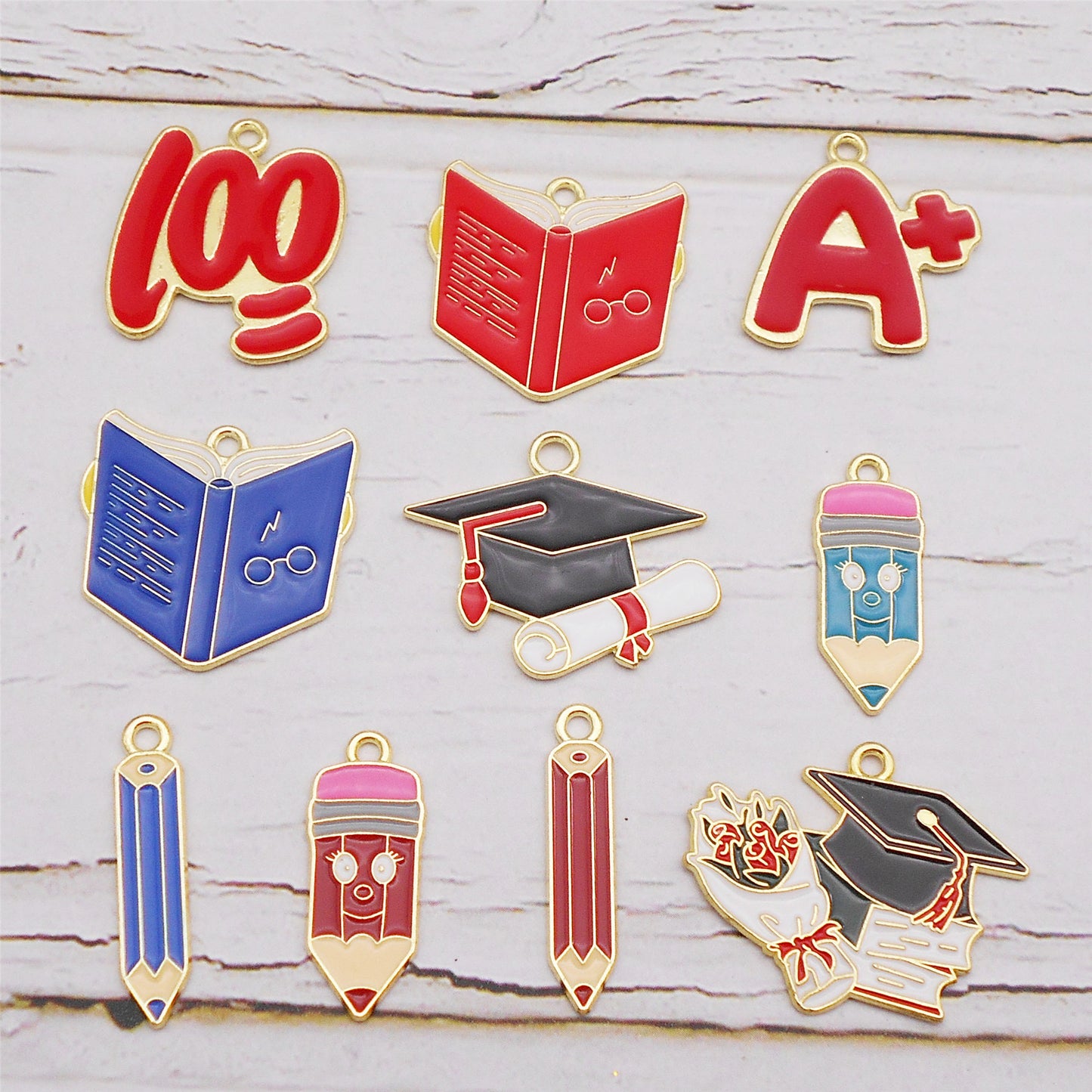 6Pcs Enamel Study Series Charm Alloy Pencil Book Doctoral Cap Design Pendant Graduation Gifts Jewelry Necklace Bracelet Making Accessory DIY Crafts Decor