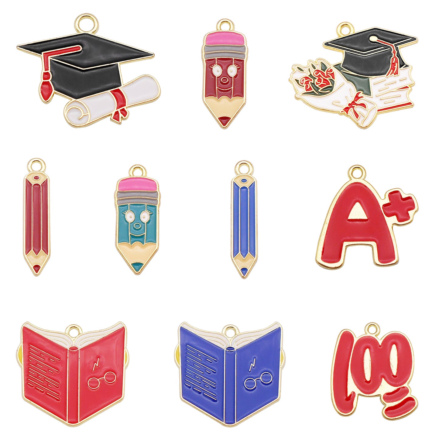 6Pcs Enamel Study Series Charm Alloy Pencil Book Doctoral Cap Design Pendant Graduation Gifts Jewelry Necklace Bracelet Making Accessory DIY Crafts Decor