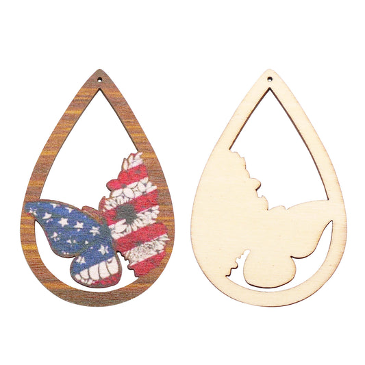 2Pcs Teardrop Frame Butterfly Charm Antiqued Wood American Flag Pattern Dangle for Pendant DIY Jewelry Making Crafts Supplies Phone Chain Decor 59.5x37.5mm