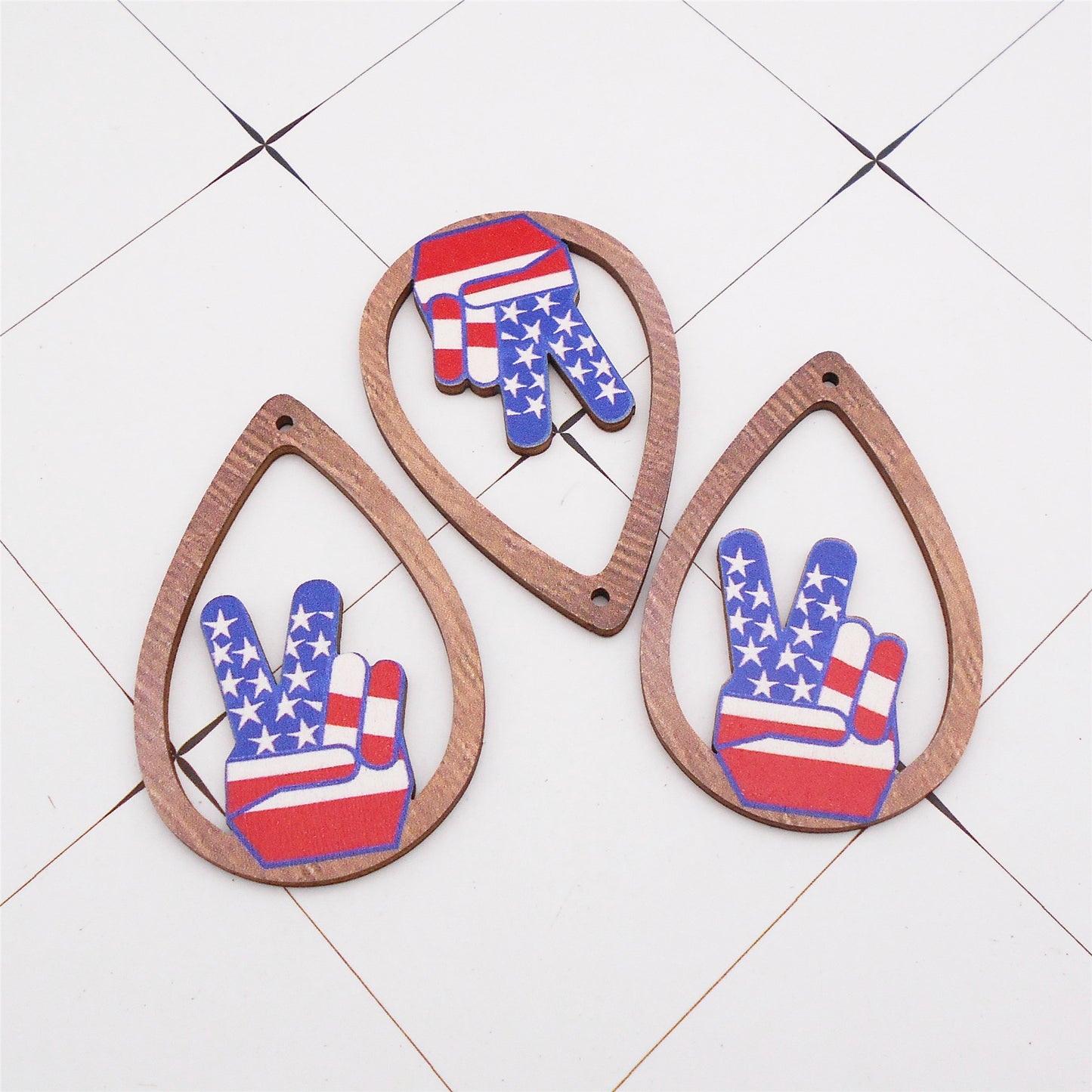 2Pcs Teardrop Frame V Sign Hand Gesture Charms American Flag Pattern Wood Dangle Victory Gesture Design for DIY Pendant Jewelry Making Necklace Bracelet Earrings Decor Crafts Supplies 58x37.5mm