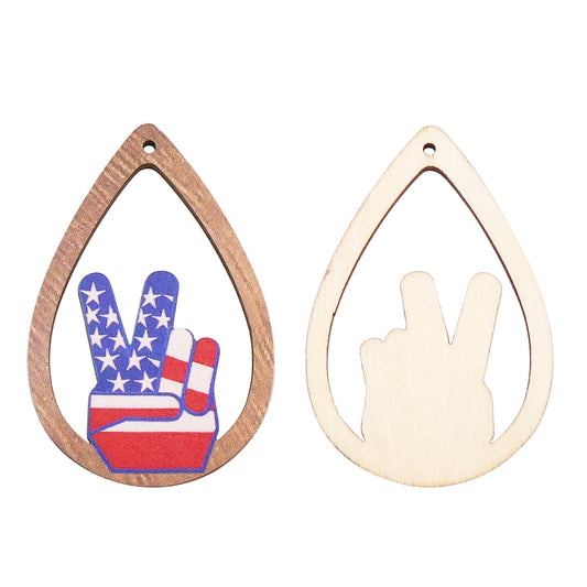 2Pcs Teardrop Frame V Sign Hand Gesture Charms American Flag Pattern Wood Dangle Victory Gesture Design for DIY Pendant Jewelry Making Necklace Bracelet Earrings Decor Crafts Supplies 58x37.5mm