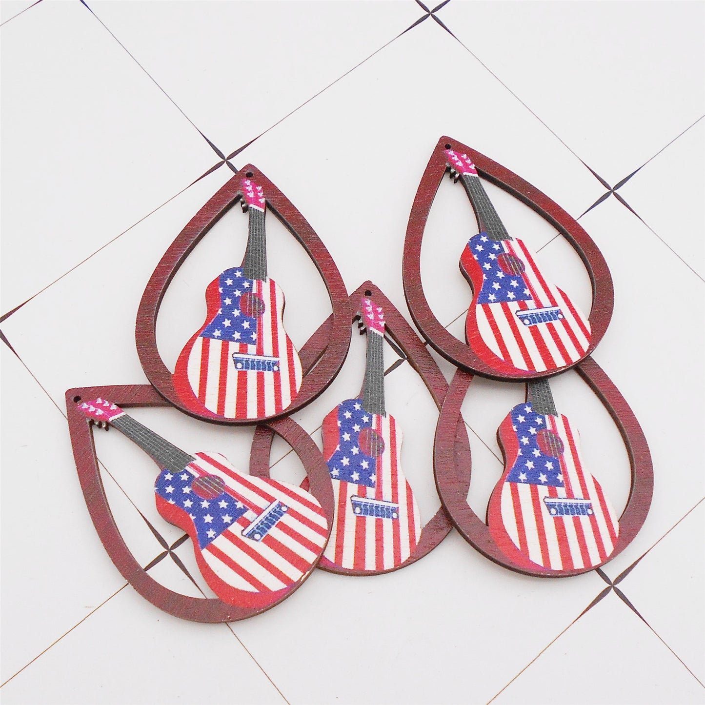 2Pcs Teardrop Frame Guitar Charms 57x41mm American Flag Pattern Wooden Dangle for Pendant Jewelry Making Necklace Bracelet Earrings Decor DIY Crafts Supplies