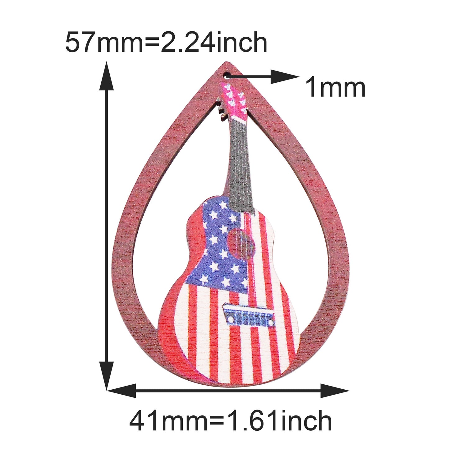 2Pcs Teardrop Frame Guitar Charms 57x41mm American Flag Pattern Wooden Dangle for Pendant Jewelry Making Necklace Bracelet Earrings Decor DIY Crafts Supplies