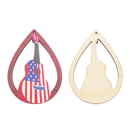 2Pcs Teardrop Frame Guitar Charms 57x41mm American Flag Pattern Wooden Dangle for Pendant Jewelry Making Necklace Bracelet Earrings Decor DIY Crafts Supplies