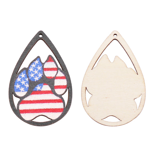 2Pcs Teardrop Frame Bear Paw Print Charms American Flag Pattern Wood Dangle for Pendant Jewelry Making DIY Crafts Supplies Phone Chain Decor 56.5x37mm