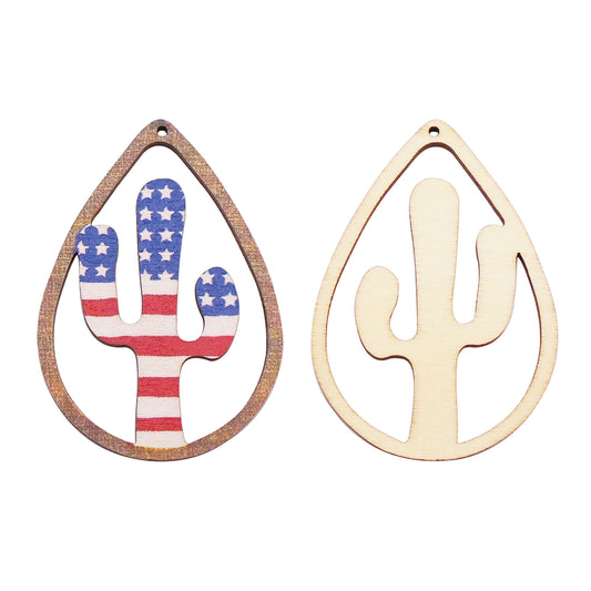 2Pcs Wood Cactus Charms with Teardrop Frame Flat Back Desert Plant Pendant American Flag Pattern Design for Jewelry Making DIY Crafts Supplies 56.5x39mm