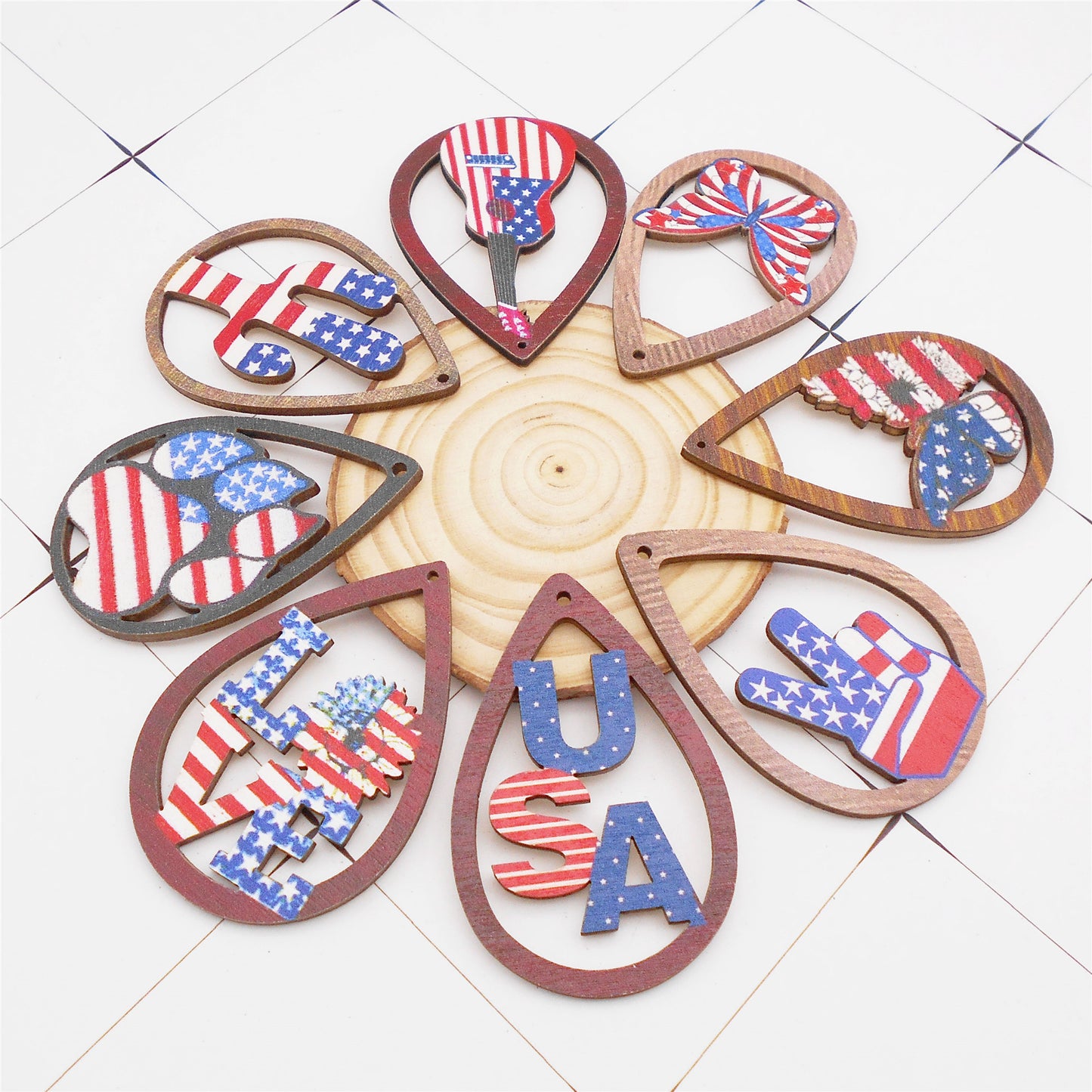 8Pcs Teardrop Frame Butterfly Bear Paw Print Charms American Flag Pattern Design Wooden Dangle for Jewelry Making DIY Crafts Decor
