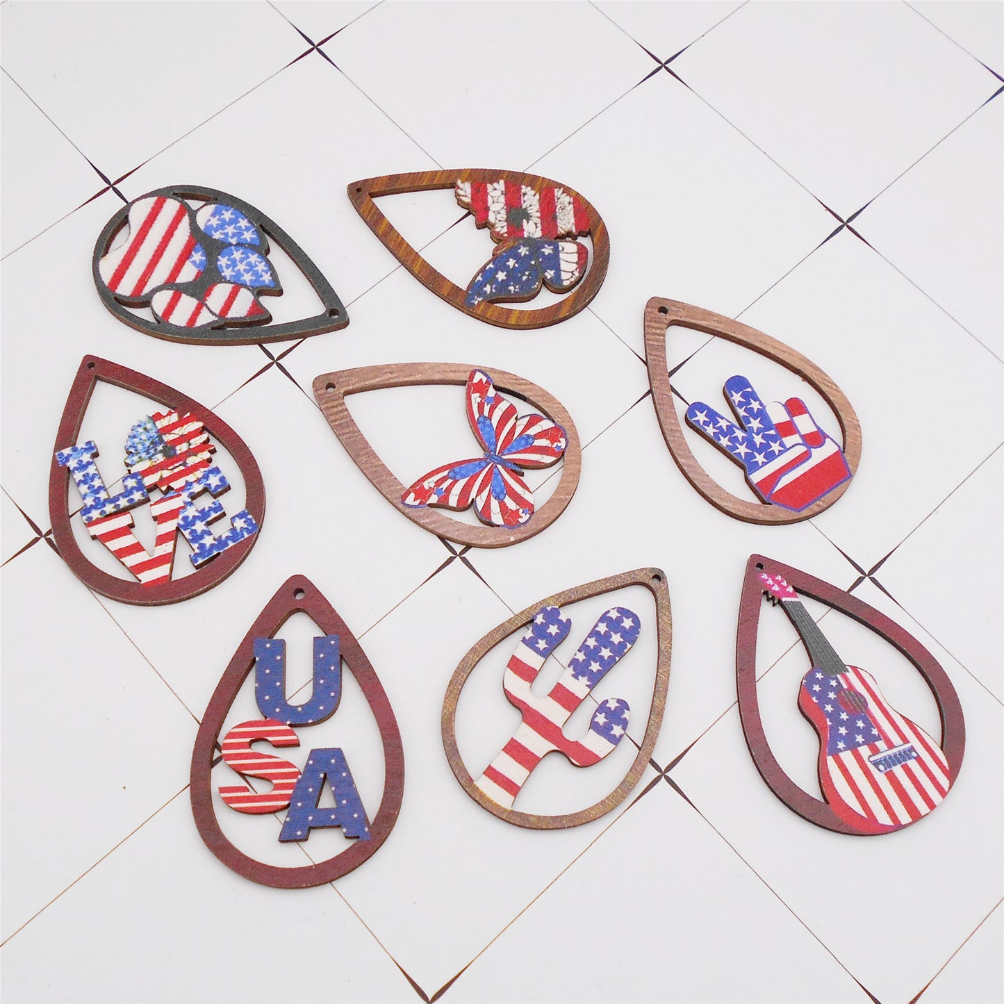 8Pcs Teardrop Frame Butterfly Bear Paw Print Charms American Flag Pattern Design Wooden Dangle for Jewelry Making DIY Crafts Decor