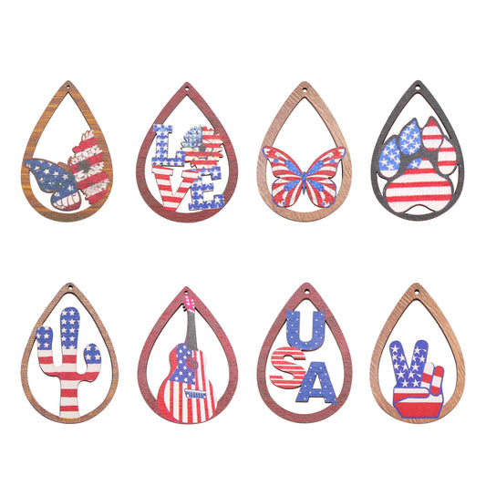 8Pcs Teardrop Frame Butterfly Bear Paw Print Charms American Flag Pattern Design Wooden Dangle for Jewelry Making DIY Crafts Decor