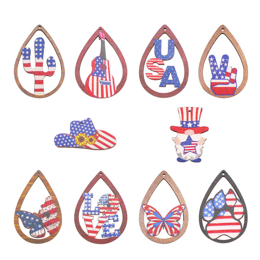 10Pcs American Flag Pattern Wood Charms Butterfly Cactus Hat Design Pendant Dangle for Jewelry Making DIY Craft Supplies Keychain Dangle Decor