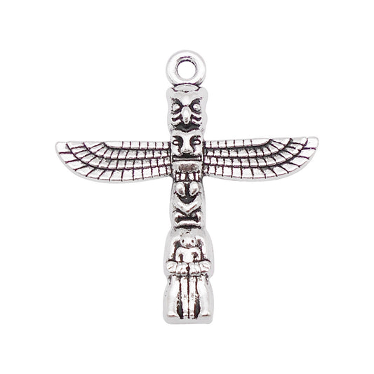 10Pcs Vintage Silver Mayan Totem Pillar Pendant with Wings Design 27x25mm Metal Charms for Jewelry Tribal Amulet Making DIY Crafts Decor
