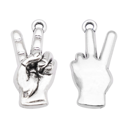 10Pcs Metal V Hand Gesture Charm 24x11mm Victory Sign Pendant Vintage Silver Jewelry Accessories for Necklace Bracelet Earrings Making, DIY Crafts Decor