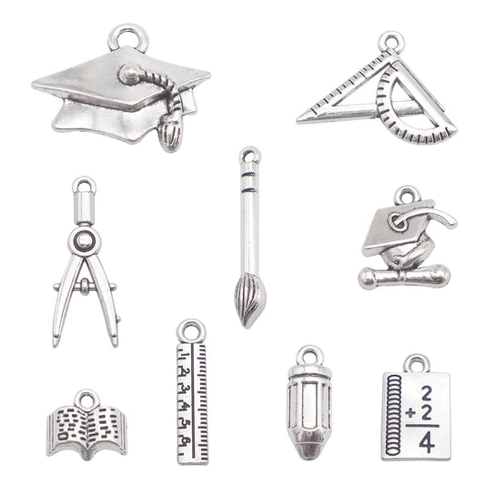 9Pcs Retro Silver Graduation Cap Ruler Pencil Charms Math Theme Study Pendant Metal for Jewelry Making, Graduation Gifrs