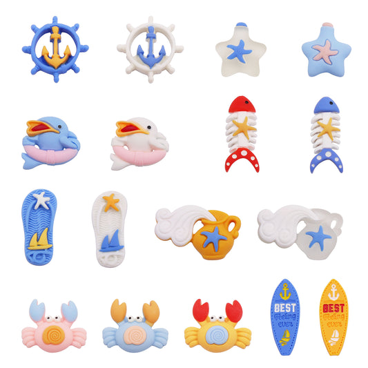 17Pcs Cartoon Summer Beach Surfboard Anchor Embellishment Cute Resin Crab Dolphin Patch for Shoe Charms & Hairpin Making, Phone Case Decor