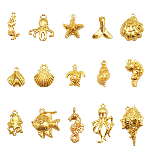 15Pcs Gold Color Marine Life Charm Metal Octopus Sea Shell Turtle Pendant for DIY Jewelry Making Accessories Necklace Bracelet Decor Crafts Supplies