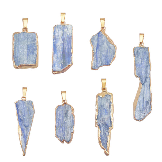 1 Piece Natural Blue Kyanite Stone Charm Gold Plated Irregular Raw Stone Pendant for Necklace Bracelet Making, Jewelry Crafts Decor