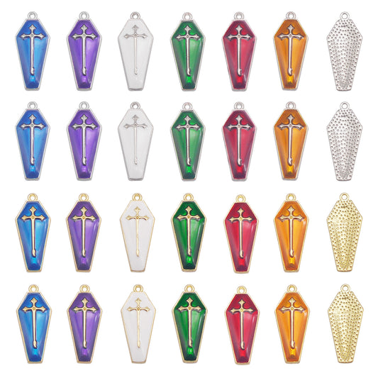 6Pcs Enamel Cross Coffin Charms 26x11mm Metal Halloween Pendants for DIY Jewelry Making, Necklace Earrings Decor, Crafts Supplies