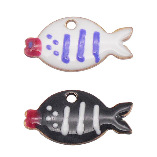 2Pcs Double-Sided Brass Fish Charms with Stripe & Polka Dot Decoration 7x12mm Enamel Marine Fish Pendants for Jewelry Making DIY Crafts Supplies Earrings Phone Chain Decor