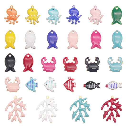 28Pcs Brass Marine Life Charms Double-Sided Enamel Sea Fish Octopus Coral Pendants DIY Jewelry Accessories for Earrings Making,Crafts Decor