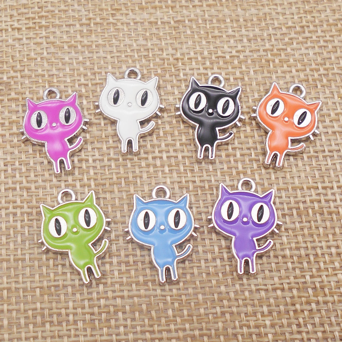 7pcs Cute Big Eye Kitty Enamel Charms 19x15mm Metal Halloween Cat Pendant for Necklace Jewelry Making, Phone Chain Keychain Crafts Decor