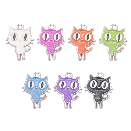 7pcs Cute Big Eye Kitty Enamel Charms 19x15mm Metal Halloween Cat Pendant for Necklace Jewelry Making, Phone Chain Keychain Crafts Decor