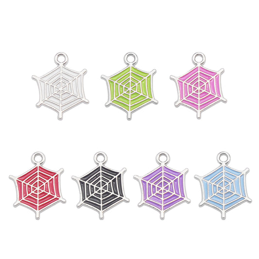 7pcs Alloy Enamel Spider Web Charms 20x16mm Halloween Cobweb Pendant for Jewelry Necklace Bracelet Making, DIY Crafts Keychain Phone Chain Decor