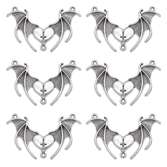 6PCS 25x41mm Alloy Dark Gothic Heart Cross & Bat Wing Pendant Charms Retro Silver Color Jewelry Connector for Necklace Bracelet Making DIY Crafts Decoration