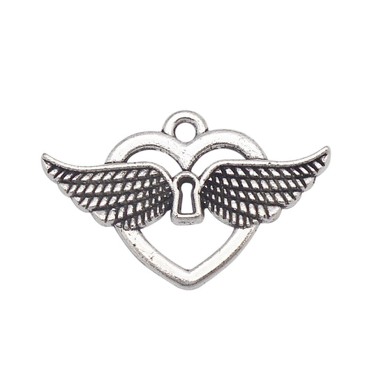 6PCS 16x25mm Antiqued Silver Color Openwork Heart & Angel Wing Pendant Delicate Alloy Charms for DIY Necklace Bracelet Earrings Accessories Craft Decoration