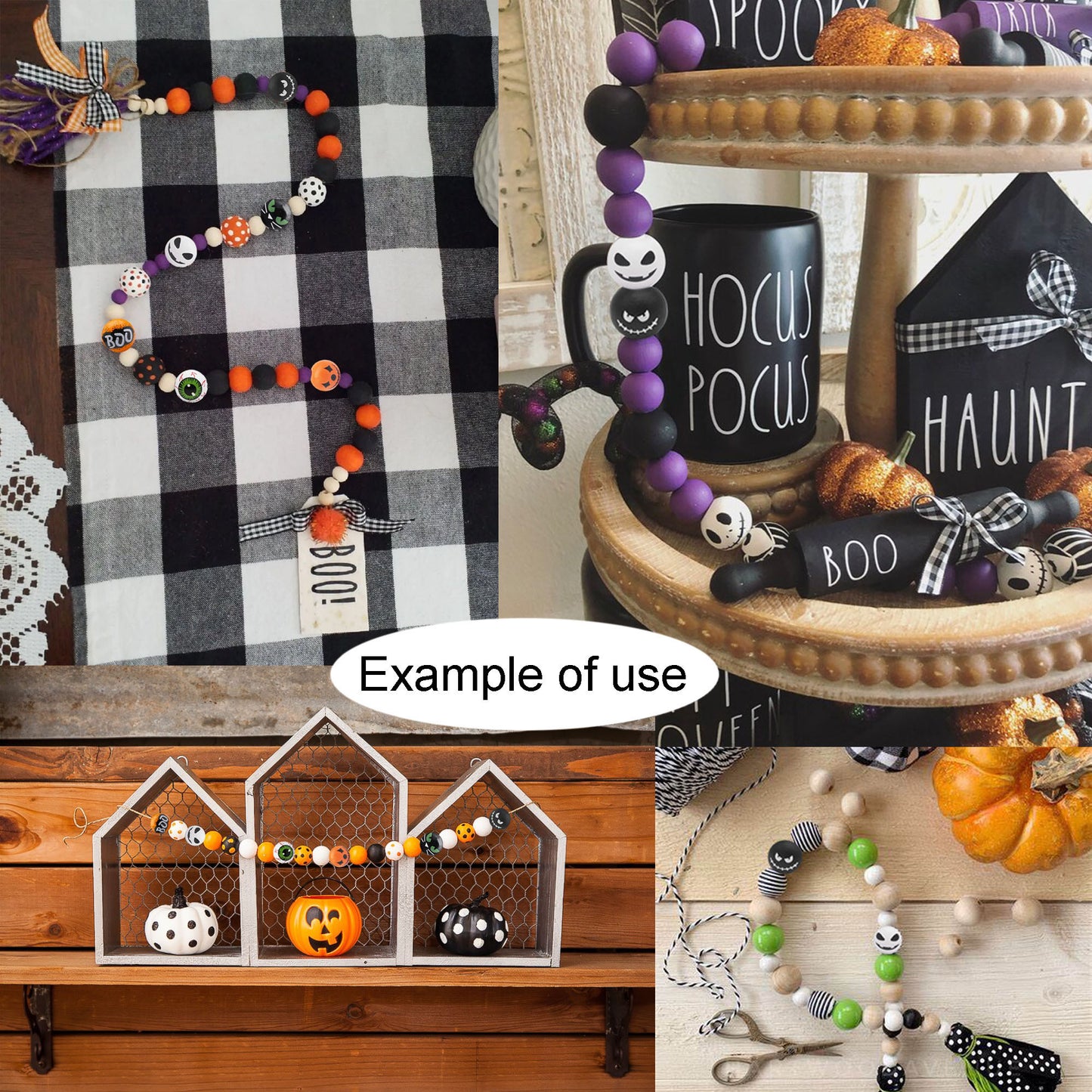 30Pcs 16mm Random Styles Round Wood Loose Bead Halloween Ghost Eye Cat Face Pattern Wooden Spacer Beads for DIY Necklace Bracelet Accessories Crafts Decor