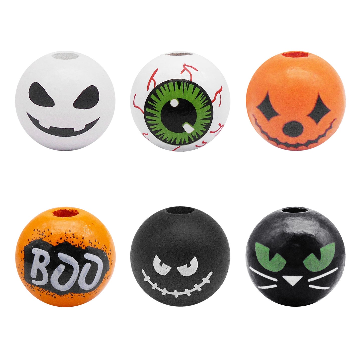 30Pcs 16mm Random Styles Round Wood Loose Bead Halloween Ghost Eye Cat Face Pattern Wooden Spacer Beads for DIY Necklace Bracelet Accessories Crafts Decor