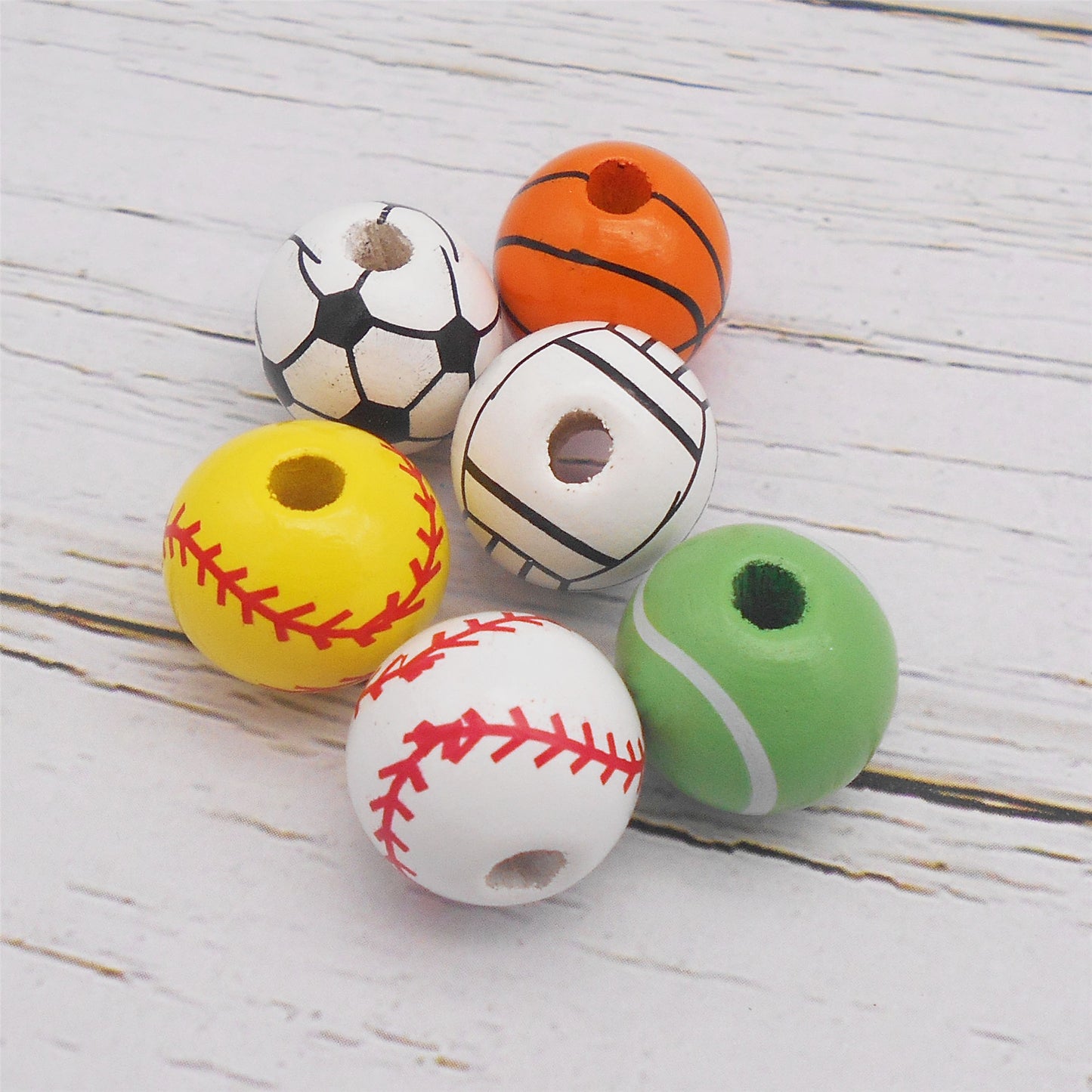 30PCS 16mm Random Styles Wood Ball Loose Beads Tiny Wooden Football Basket Baseball Pattern Spacer Beads for DIY Necklace Bracelet Accessories Hair Tie Making Supplies