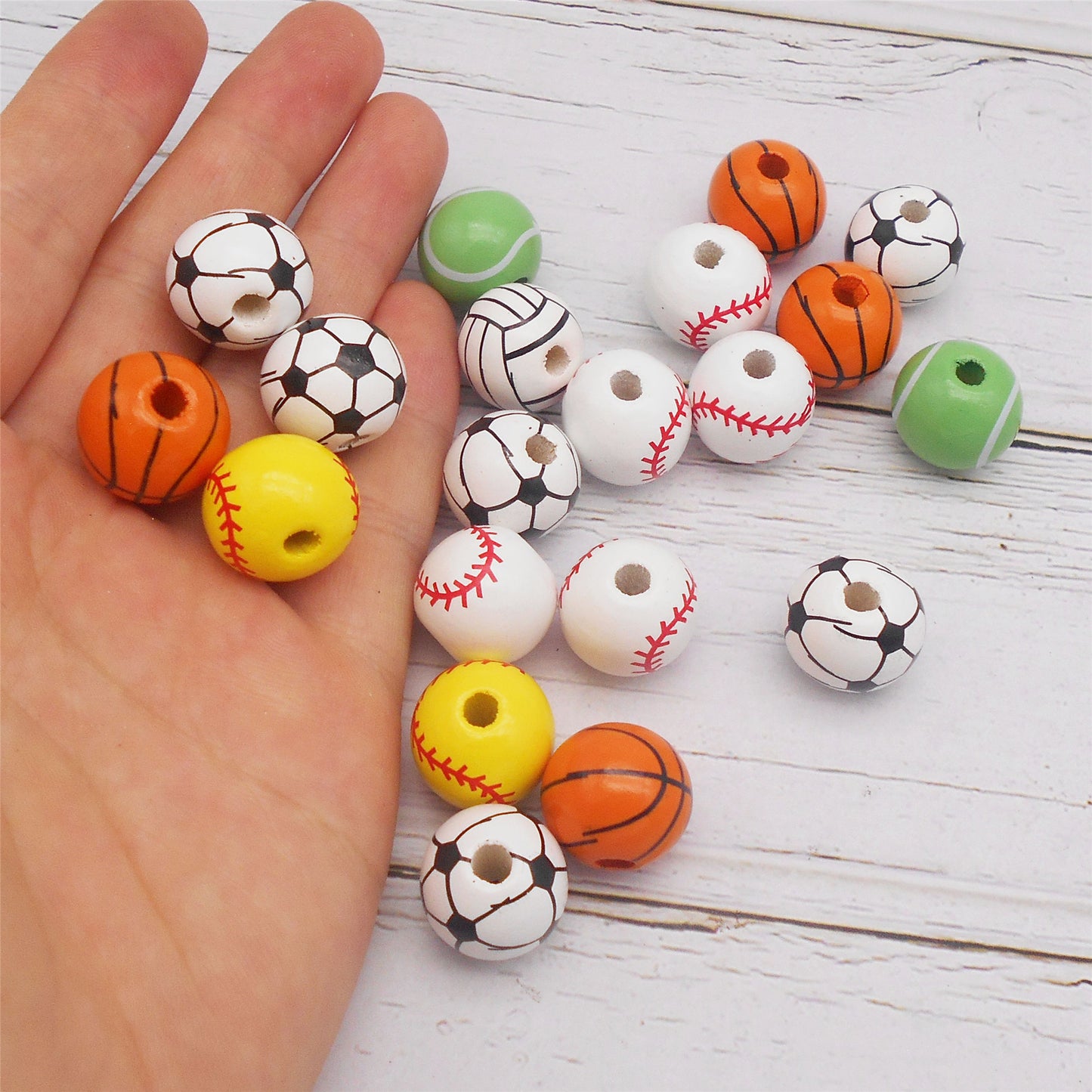 30PCS 16mm Random Styles Wood Ball Loose Beads Tiny Wooden Football Basket Baseball Pattern Spacer Beads for DIY Necklace Bracelet Accessories Hair Tie Making Supplies