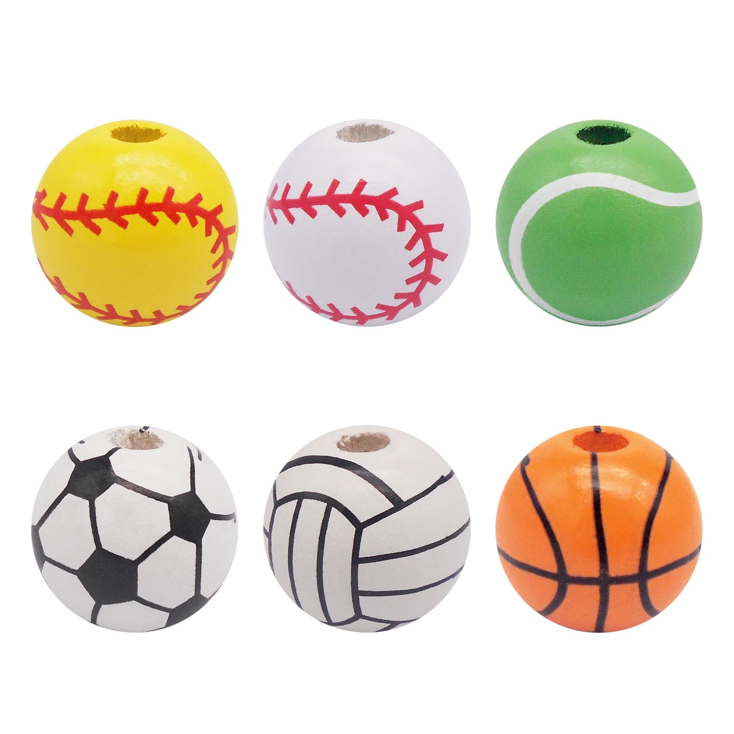 30PCS 16mm Random Styles Wood Ball Loose Beads Tiny Wooden Football Basket Baseball Pattern Spacer Beads for DIY Necklace Bracelet Accessories Hair Tie Making Supplies