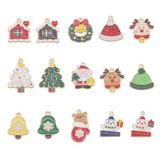 6Pcs Color-Lasting Enamel Christmas Theme Charms Alloy Elk Bell Snowflake Mini House Pendant for Christmas Tree & Party Decor, Jewelry Making Supplies
