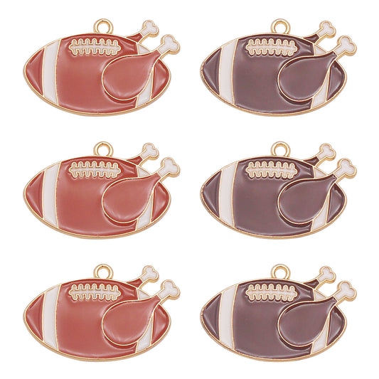 6PCS 21x34mm Alloy American Football & Turkey Leg Pendants Enamel Charms for DIY Jewelry Making Supplies Craft Decoration