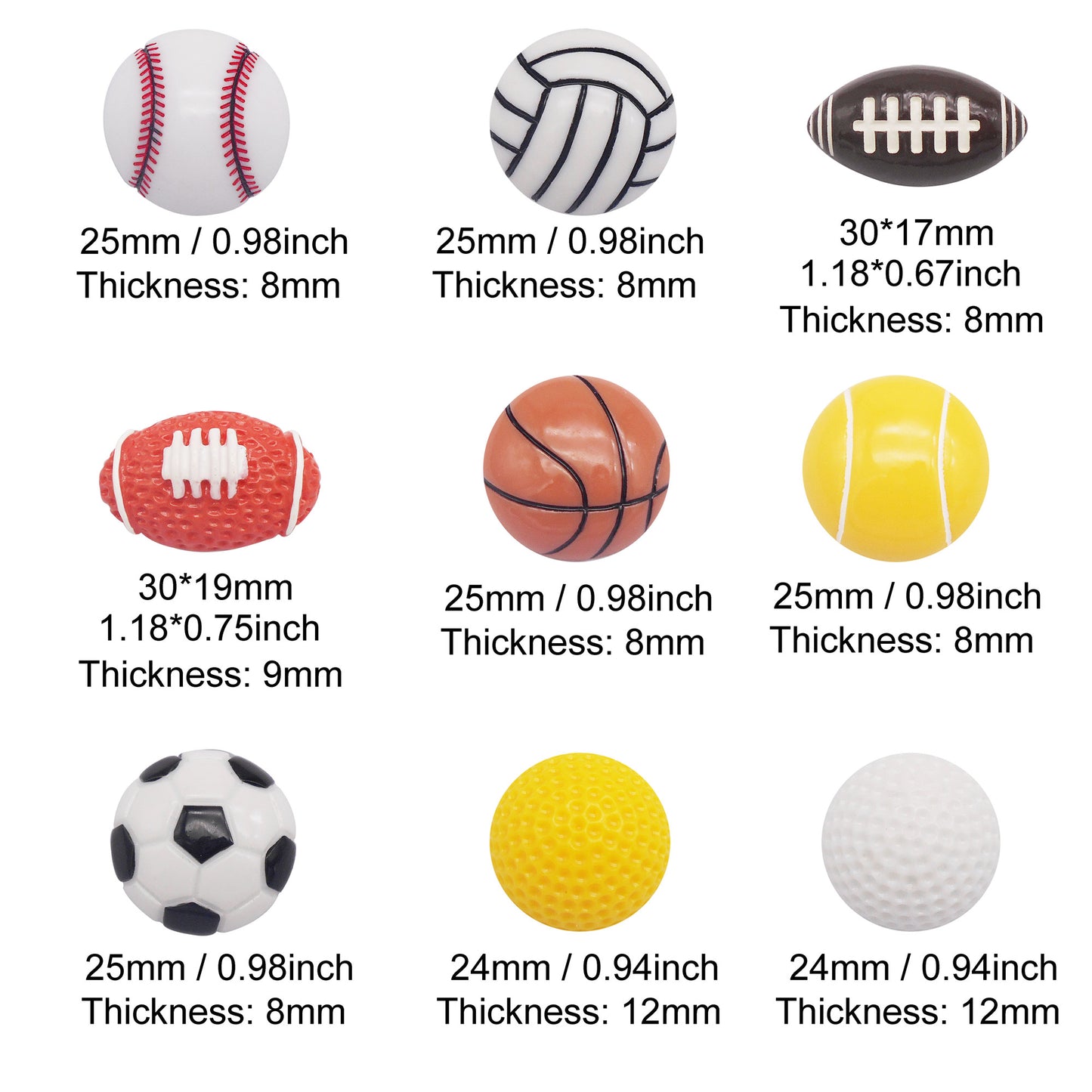 9PCS Resin Flat Back Round Embellishment Dome Football Basketball Baseball Pattern Cabochons for DIY Crafts Supplies, Hair Clip&Phone Case Decoration