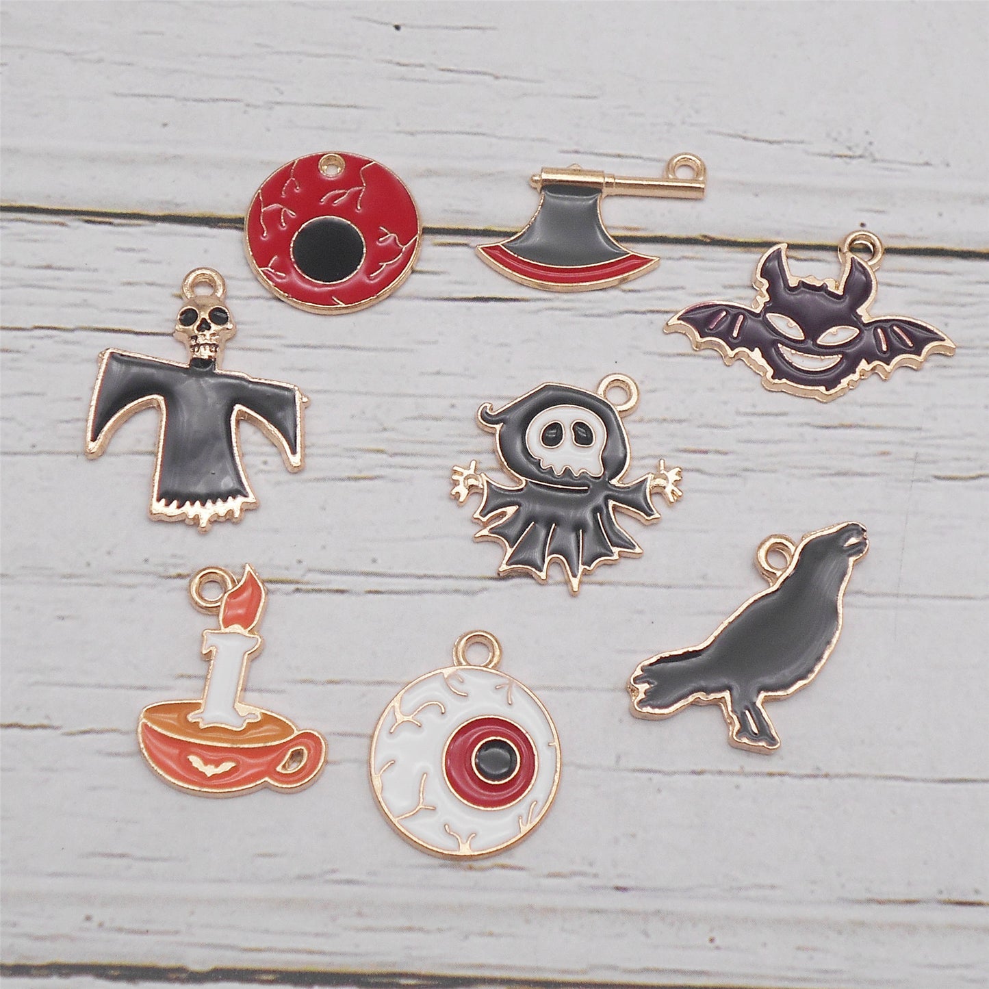 8PCS Halloween Flat Back Alloy Charms Enamel Demon Bat, Ghost, Eyeball, Raven, Burning Candle, Axe Pendant for DIY Jewelry Making Accessories Craft & Party Decor Keychain Dangle Findings