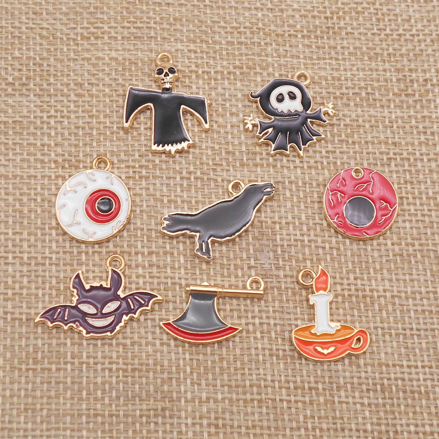 8PCS Halloween Flat Back Alloy Charms Enamel Demon Bat, Ghost, Eyeball, Raven, Burning Candle, Axe Pendant for DIY Jewelry Making Accessories Craft & Party Decor Keychain Dangle Findings
