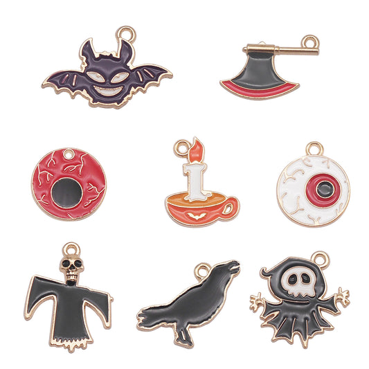 8PCS Halloween Flat Back Alloy Charms Enamel Demon Bat, Ghost, Eyeball, Raven, Burning Candle, Axe Pendant for DIY Jewelry Making Accessories Craft & Party Decor Keychain Dangle Findings