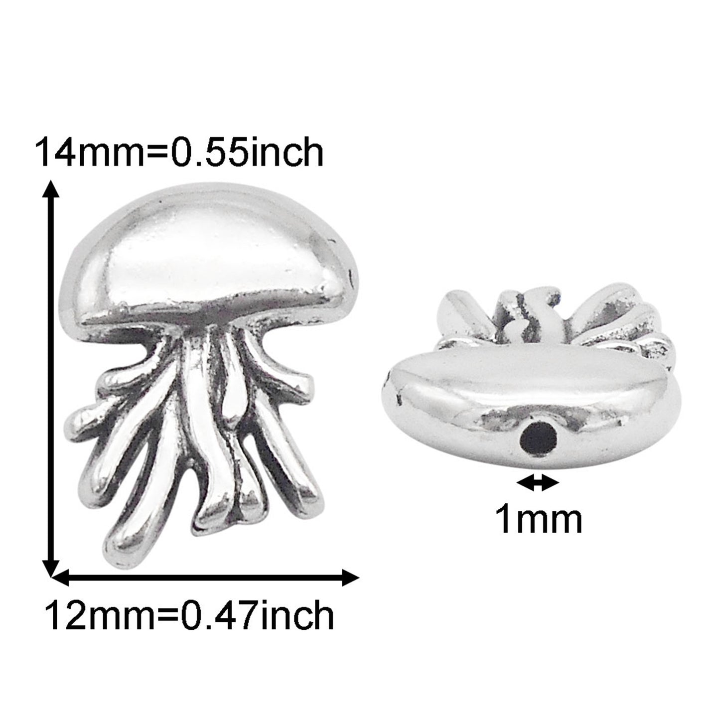 30pcs 14x12mm Antique Silver Jellyfish Hole Beads 1mm Hole Diameter, Alloy Marine Life Designed Spacer Beads for Jewelry Making Supplies DIY Craft Decor
