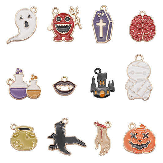 12PCS Enamel Halloween Jack-O'-Lantern, Witch Bottle Charms Alloy Raven, Ghost, Demon, Mini Castle Pendant for DIY Jewelry Supply Necklace Earrings Decor