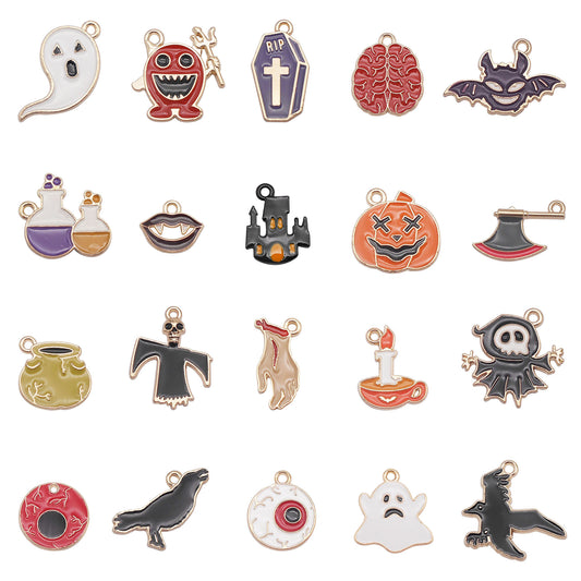 20PCS Mixed Halloween Enamel Charms Alloy Ghost, Raven Pendant for DIY Necklace Bracelet Accessories Crafts Decor Party Decoration