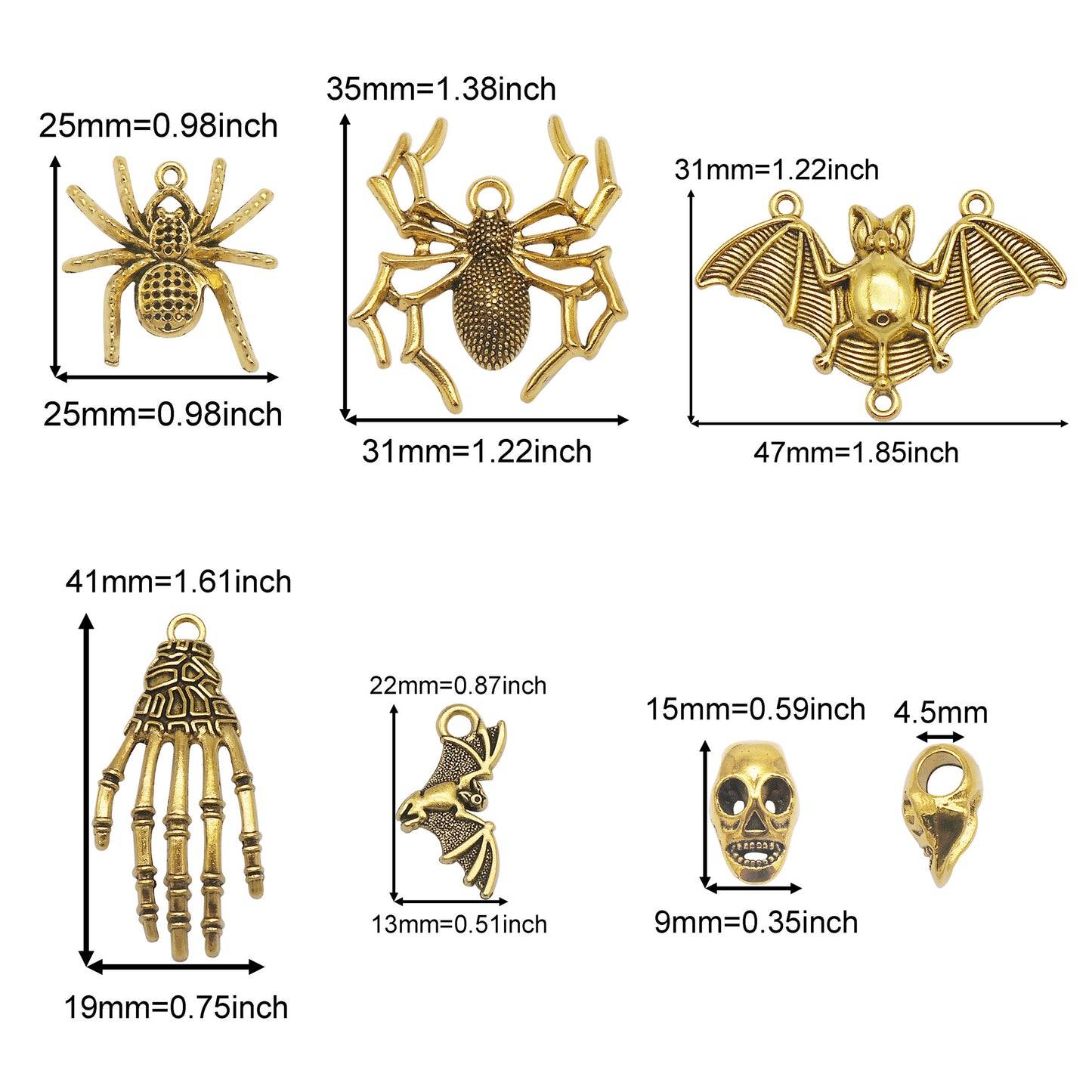 6PCS Retro Gold Halloween Series Charms Metal Spider Skull Bone Hand Pendant Bat Shaped Jewelry Connector for Necklace Bracelet Earrings Making Accessories DIY Crafts Supplies Keychain Decor
