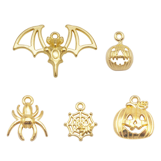 20PCS Quality Plated Golden Spider Bat Charms Metal Halloween Pumpkin Cobweb Pendant for Jewelry Making DIY Crafts Decor