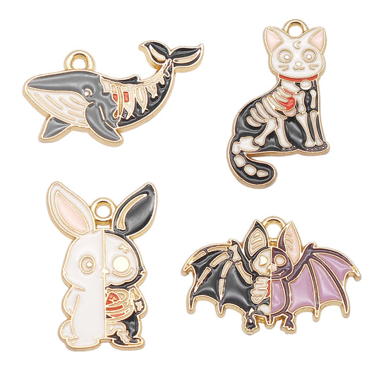 8Pcs Golden Bezel Halloween Animal Charms Enamel Alloy Whale Cat Rabbit Bat Pendants Gothic Style Dangle with Skeletal Elements for DIY Jewelry Making Crafts Decor