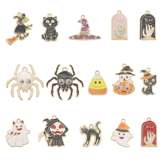 15Pcs Enamel Halloween Charms Metal Witch Cat Spider Ghost Pendants for DIY Jewelry Making Necklace Bracelet Earrings Decor