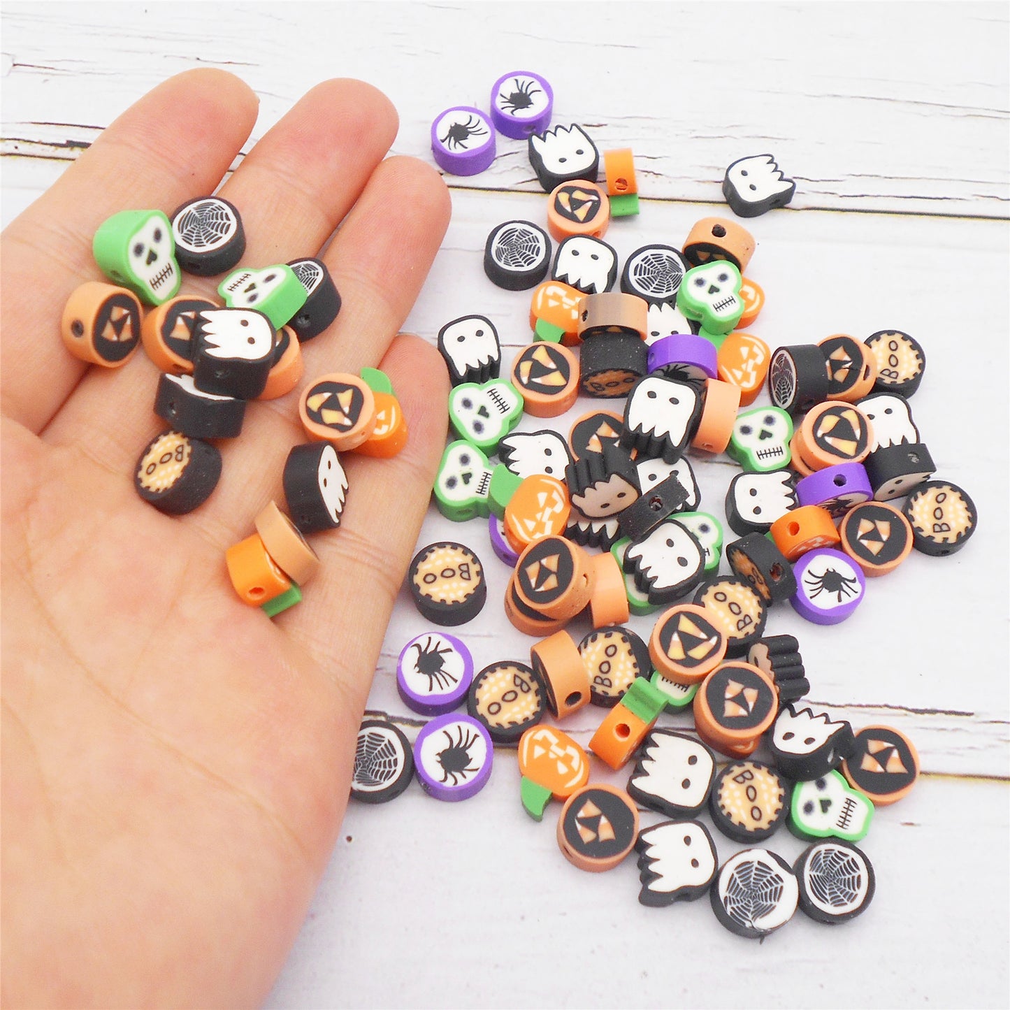 100Pcs 10mm Halloween Theme Polymer Clay Bead Hole Size 1mm Ghost Skeleton Pattern Spacer Beads for DIY Jewelry Necklace Bracelet Making Phone Chain Craft Decor