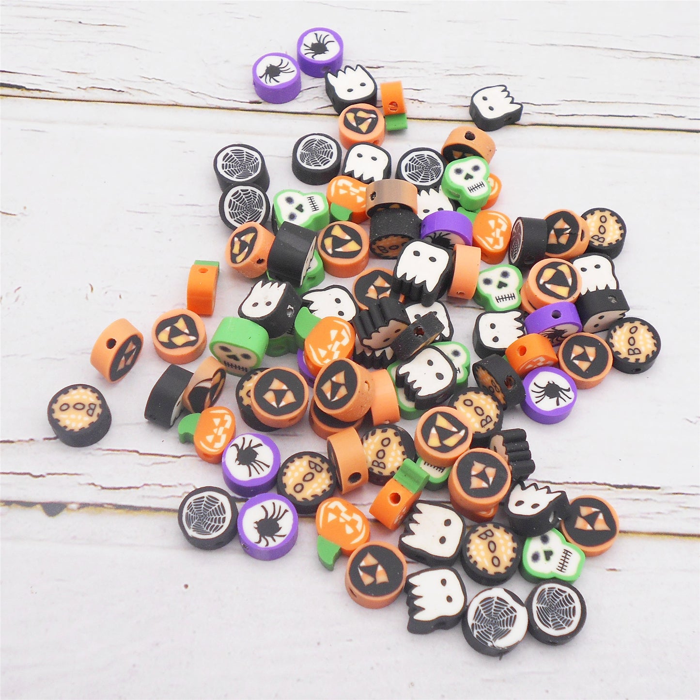 100Pcs 10mm Halloween Theme Polymer Clay Bead Hole Size 1mm Ghost Skeleton Pattern Spacer Beads for DIY Jewelry Necklace Bracelet Making Phone Chain Craft Decor