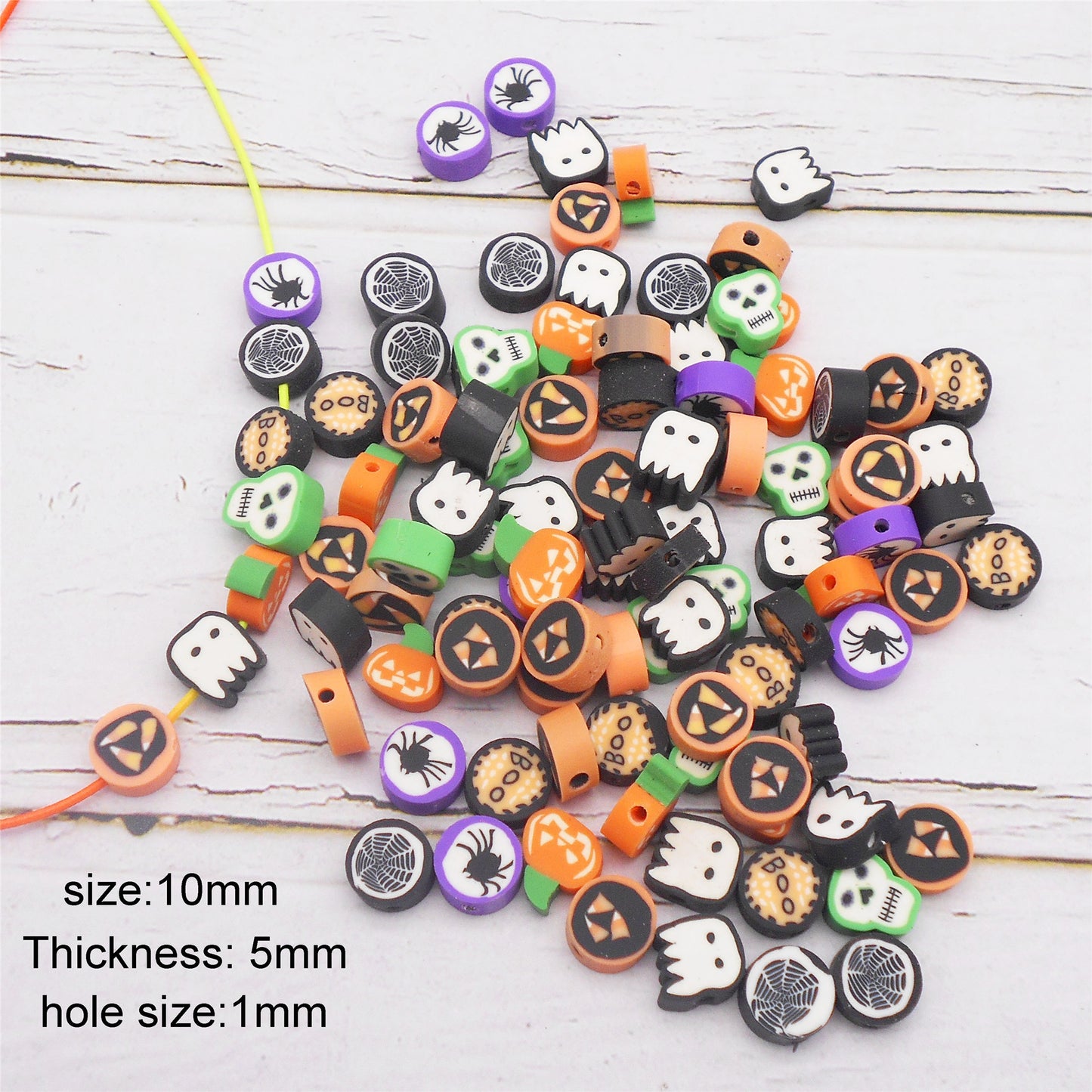 100Pcs 10mm Halloween Theme Polymer Clay Bead Hole Size 1mm Ghost Skeleton Pattern Spacer Beads for DIY Jewelry Necklace Bracelet Making Phone Chain Craft Decor